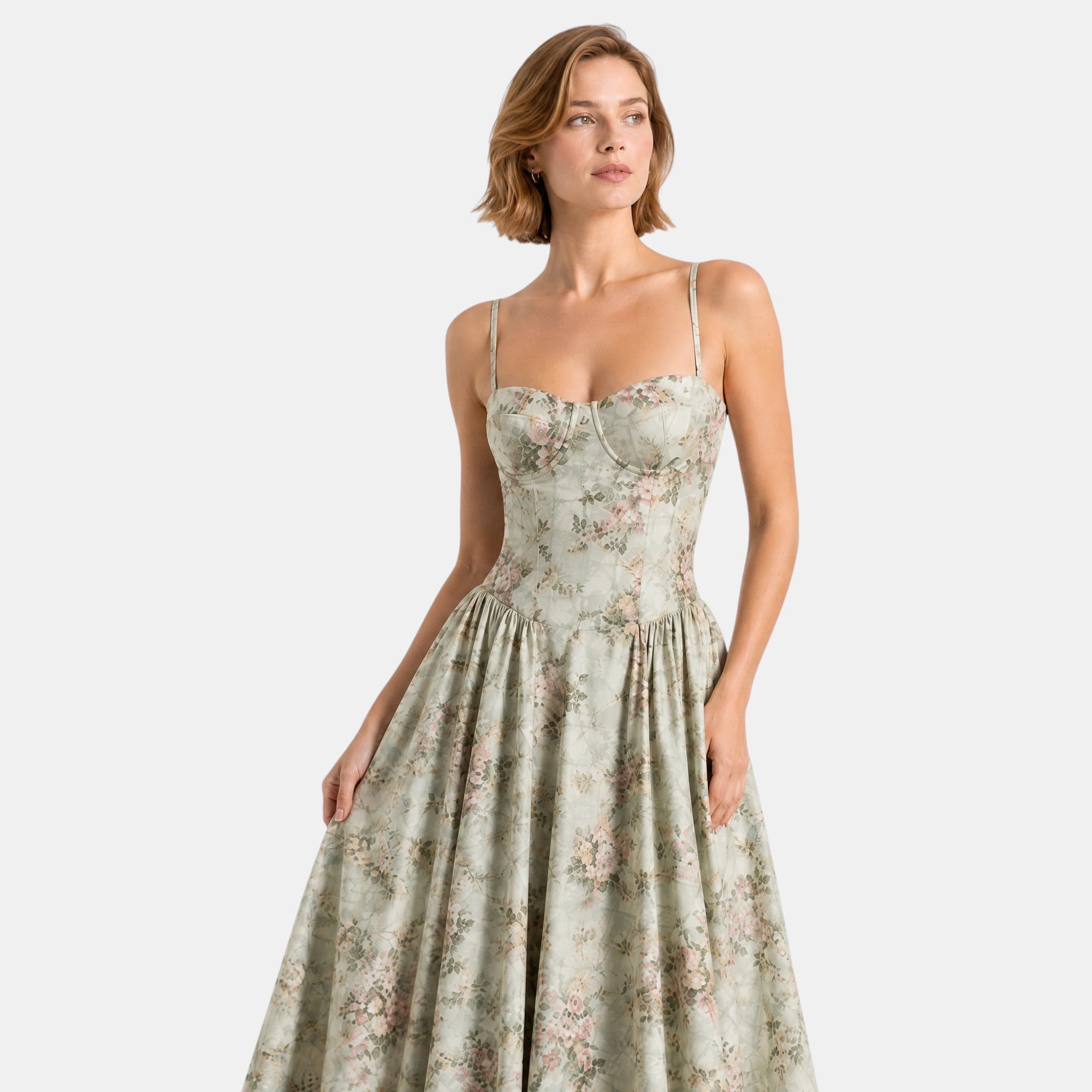 Women's Floral Midi Dress with Sweetheart Neckline and Corset Bodice