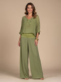 Flowy Wide-Leg Two-Piece Blouson Top and Palazzo Pants Set for Women