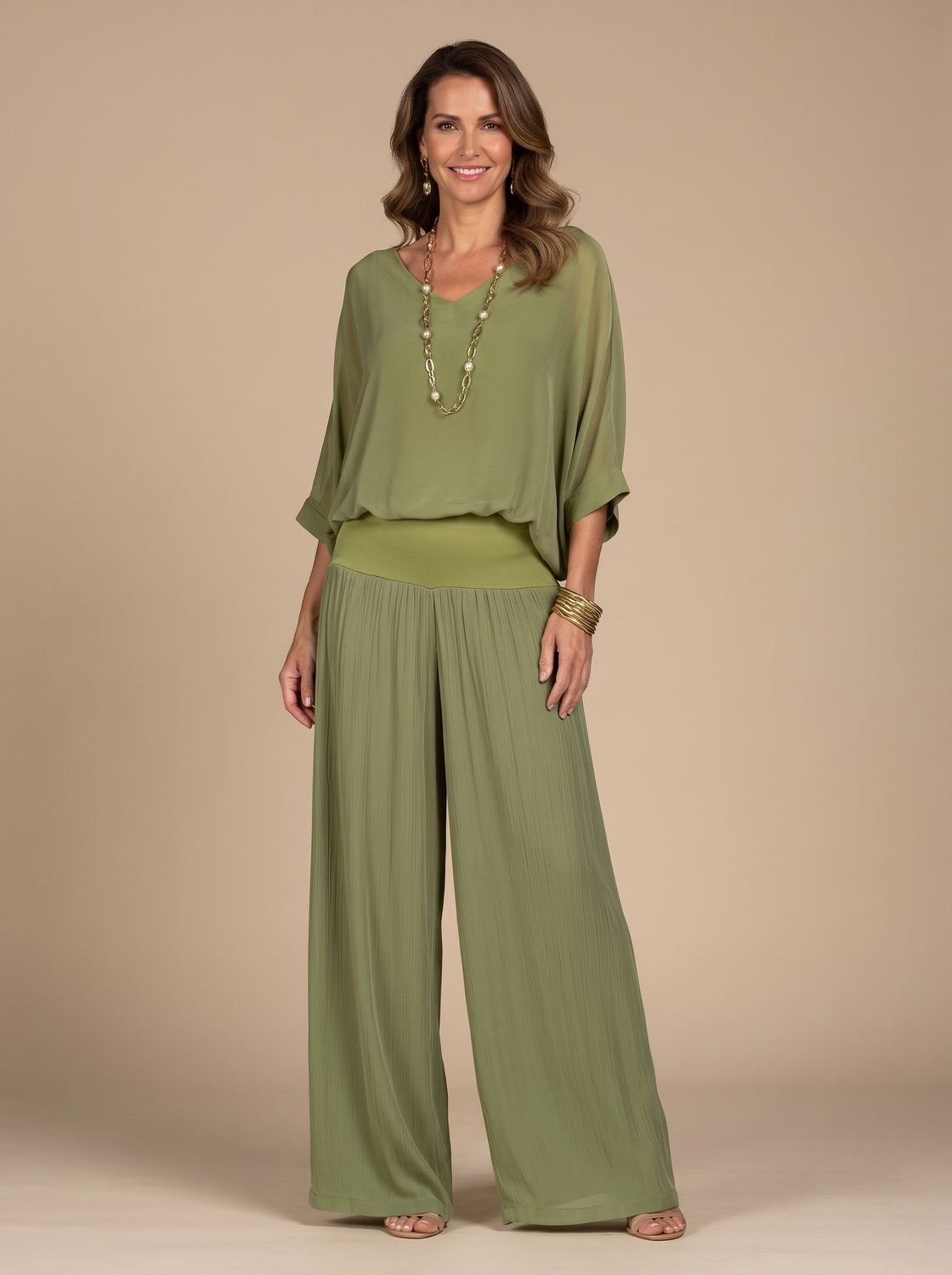 Flowy Wide-Leg Two-Piece Blouson Top and Palazzo Pants Set for Women