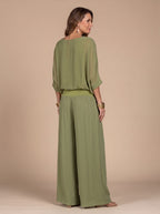 Flowy Wide-Leg Two-Piece Blouson Top and Palazzo Pants Set for Women