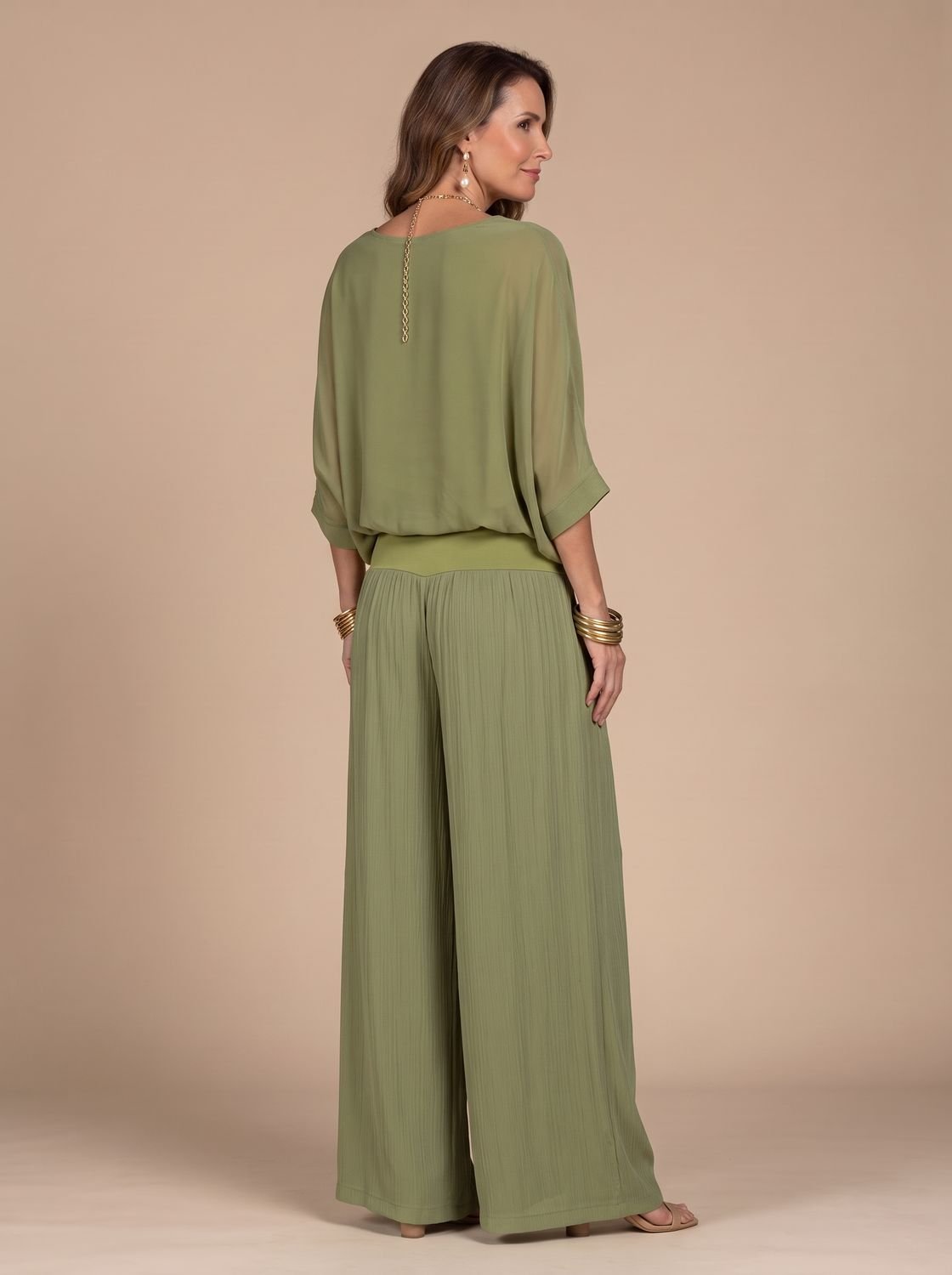 Flowy Wide-Leg Two-Piece Blouson Top and Palazzo Pants Set for Women