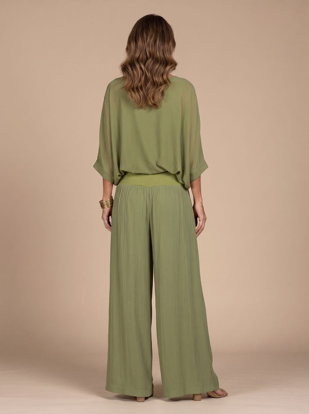Flowy Wide-Leg Two-Piece Blouson Top and Palazzo Pants Set for Women