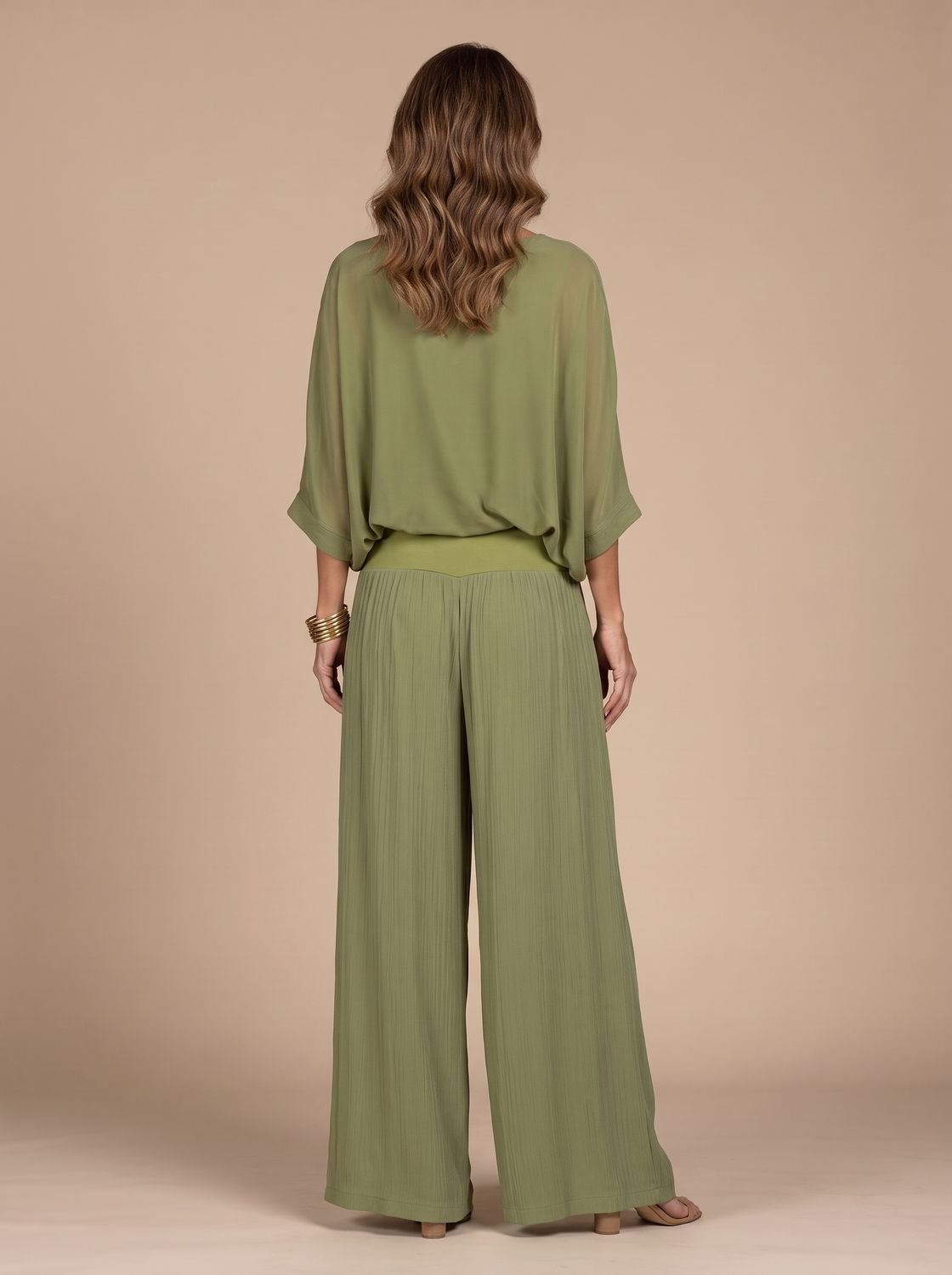 Flowy Wide-Leg Two-Piece Blouson Top and Palazzo Pants Set for Women