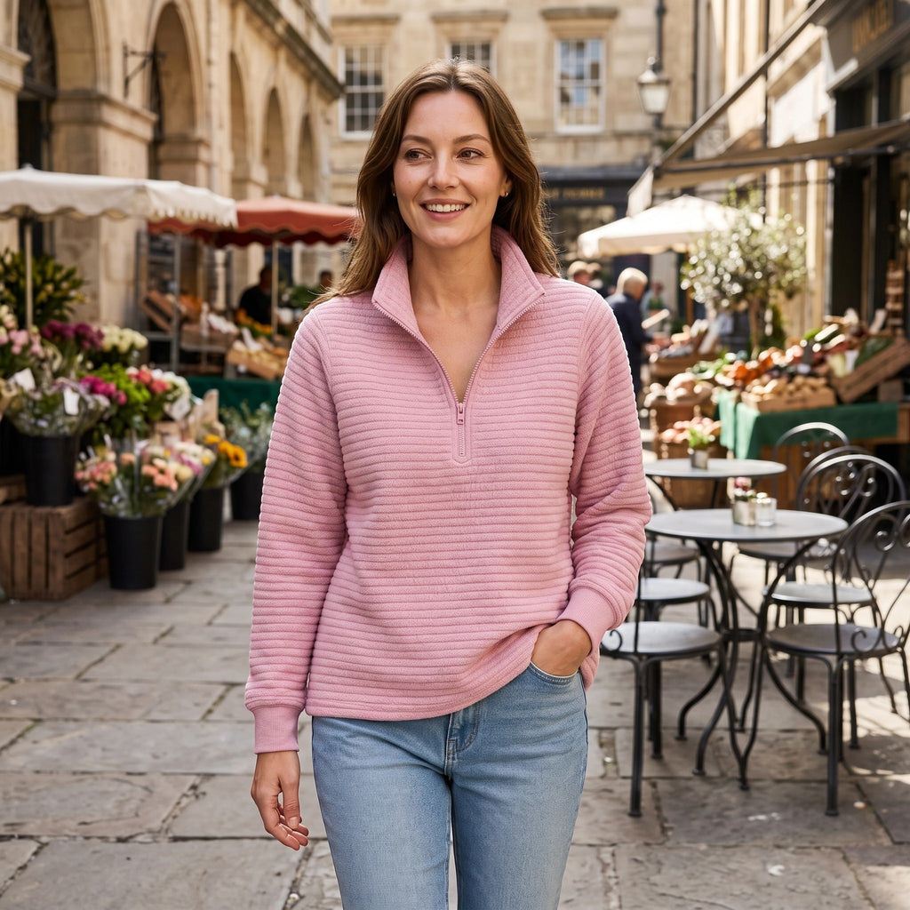 Women's Half Zip Jumper with Funnel Neck and Ribbed Texture