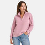 Women's Half Zip Jumper with Funnel Neck and Ribbed Texture