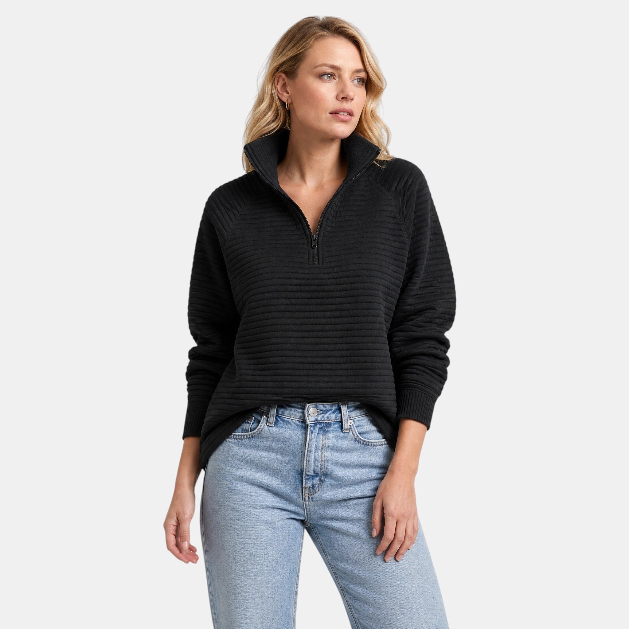 Women's Half Zip Jumper with Funnel Neck and Ribbed Texture