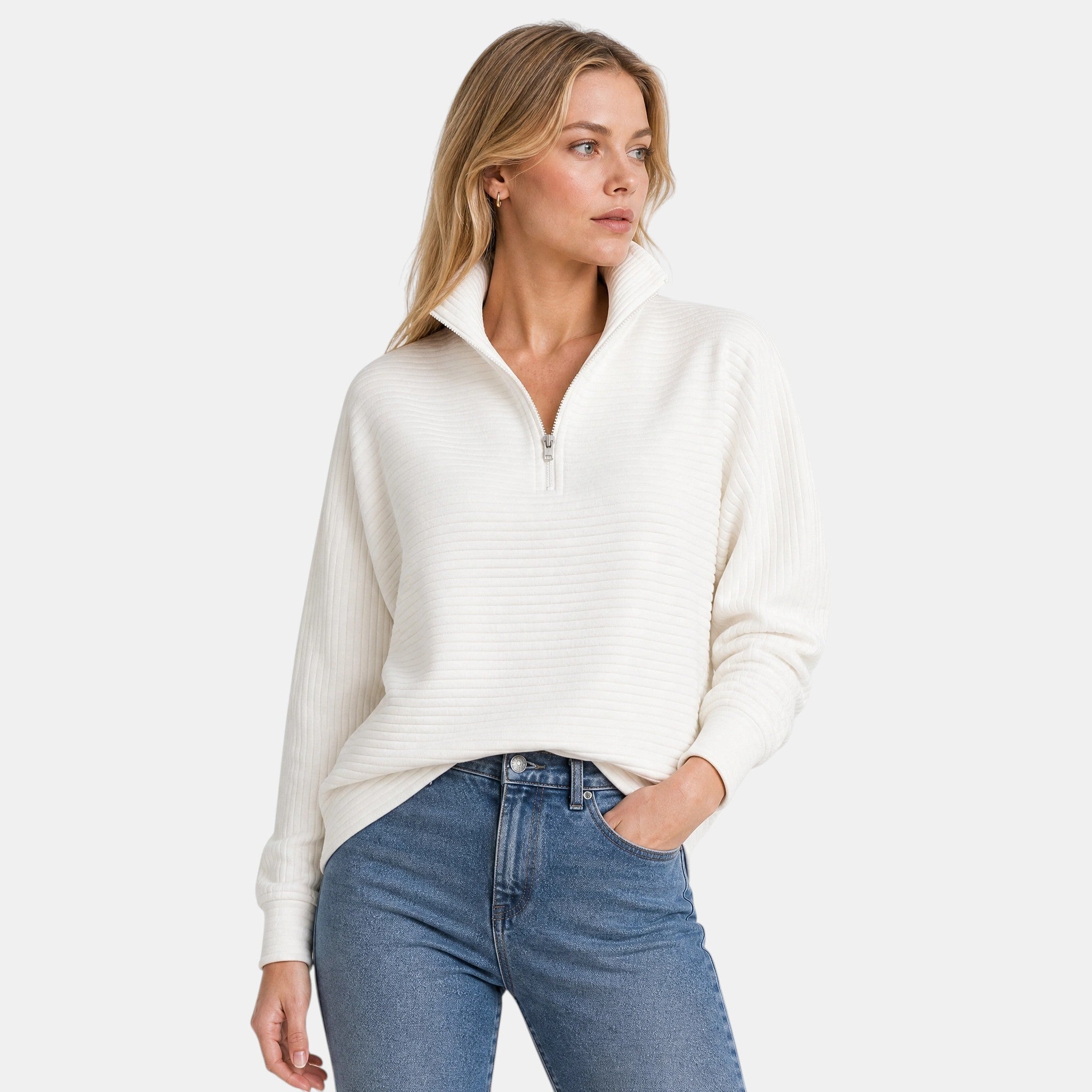 Women's Half Zip Jumper with Funnel Neck and Ribbed Texture