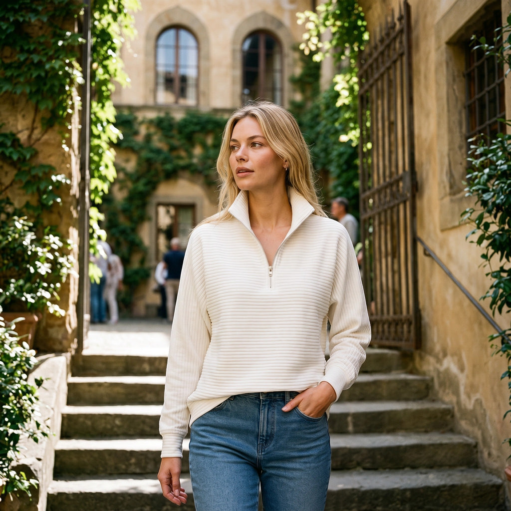 Women's Half Zip Jumper with Funnel Neck and Ribbed Texture