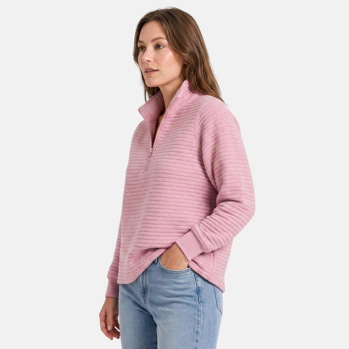 Women's Half Zip Jumper with Funnel Neck and Ribbed Texture