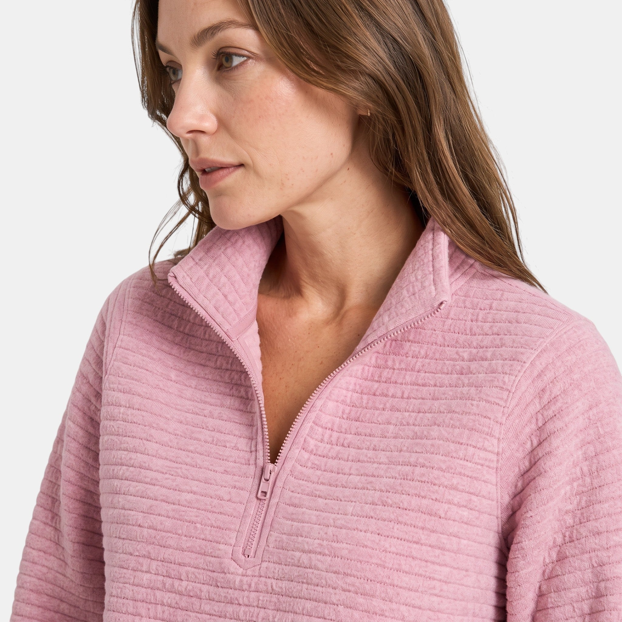 Women's Half Zip Jumper with Funnel Neck and Ribbed Texture