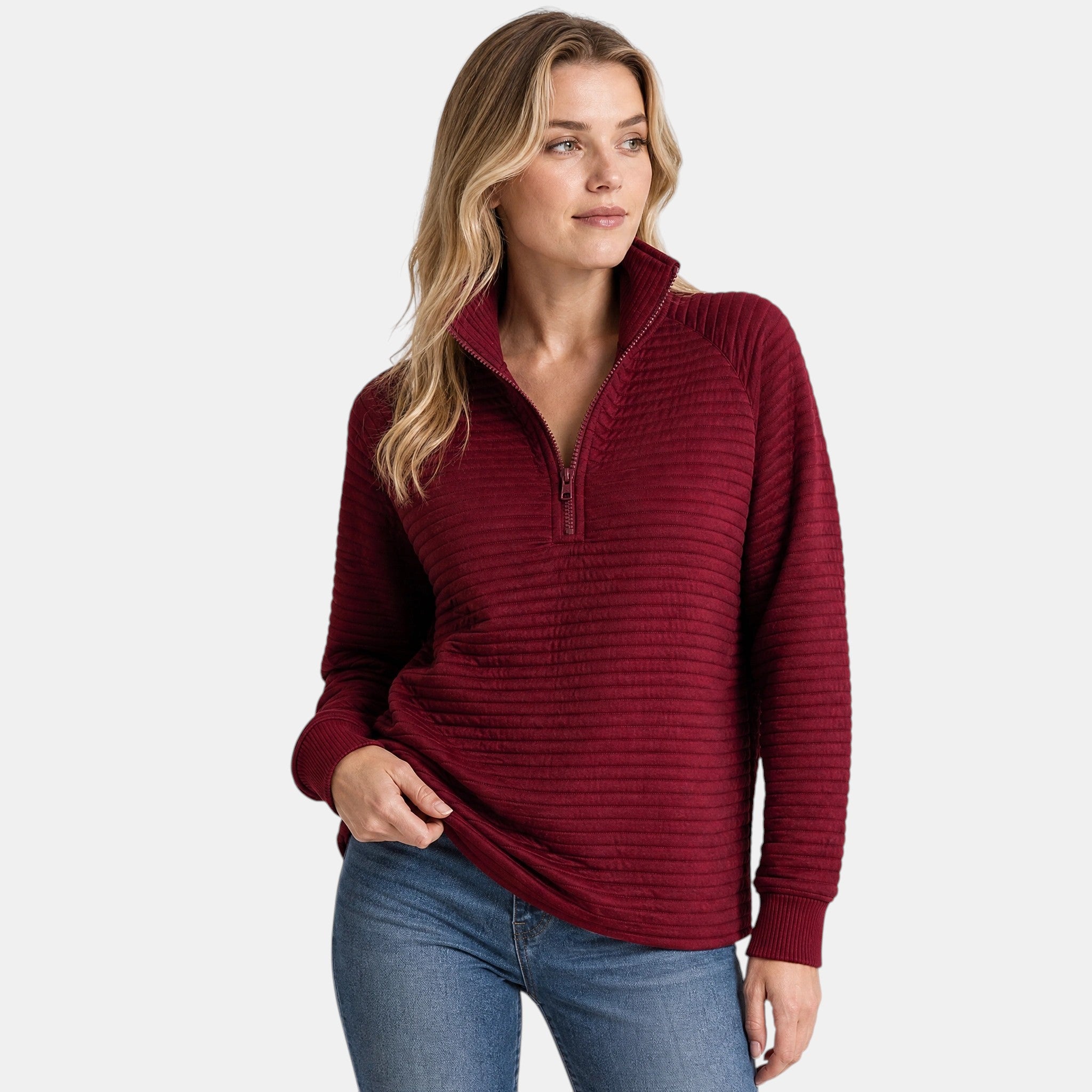 Women's Half Zip Jumper with Funnel Neck and Ribbed Texture