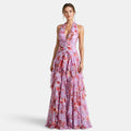 Women's Halter Maxi Dress with Ruffle Detail and Ruched Waist