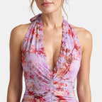 Women's Halter Maxi Dress with Ruffle Detail and Ruched Waist