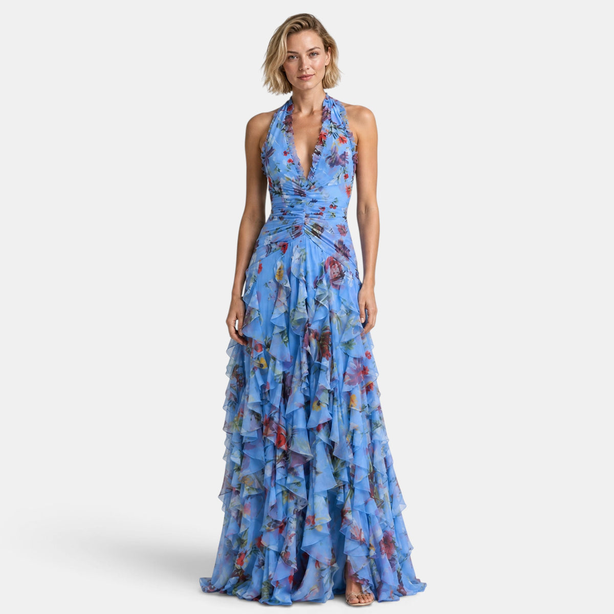 Women's Halter Maxi Dress with Ruffle Detail and Ruched Waist