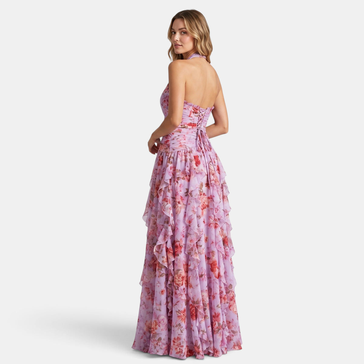 Women's Halter Maxi Dress with Ruffle Detail and Ruched Waist