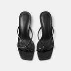 Women's Heeled Sandals with Knot Strap and Square Toe