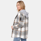 Women's Hooded Shirt Jacket with Button Front and Check Print