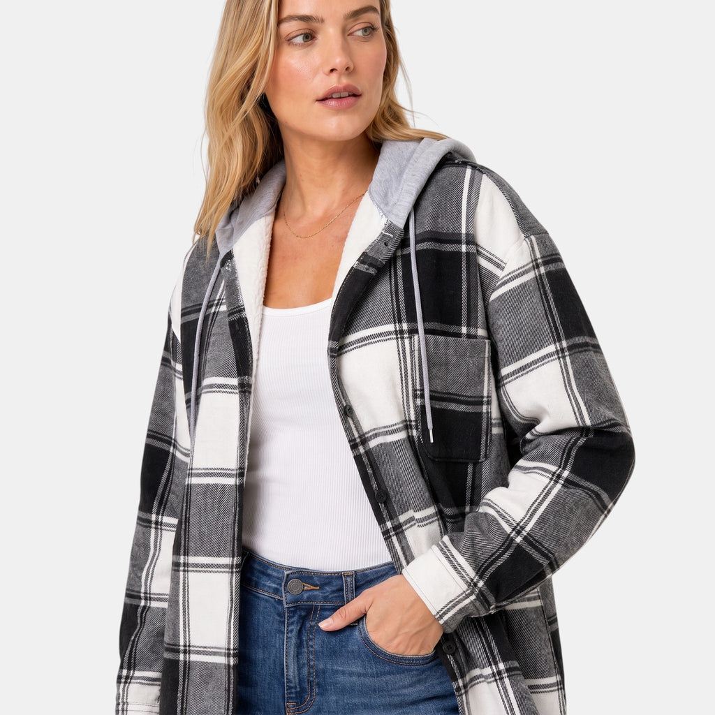 Women's Hooded Shirt Jacket with Button Front and Check Print