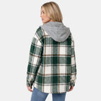 Women's Hooded Shirt Jacket with Button Front and Check Print