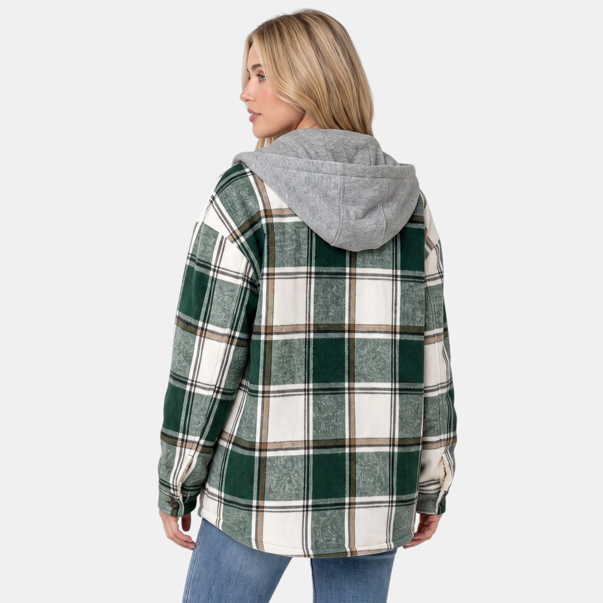 Women's Hooded Shirt Jacket with Button Front and Check Print