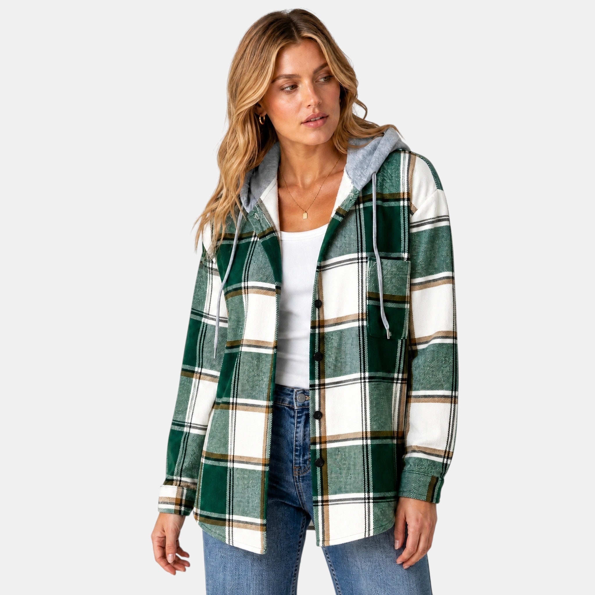 Women's Hooded Shirt Jacket with Button Front and Check Print