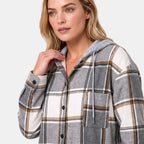 Women's Hooded Shirt Jacket with Button Front and Check Print