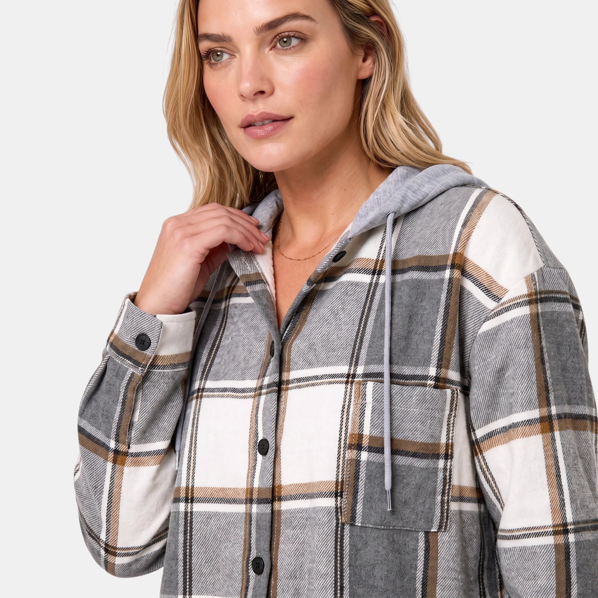 Women's Hooded Shirt Jacket with Button Front and Check Print