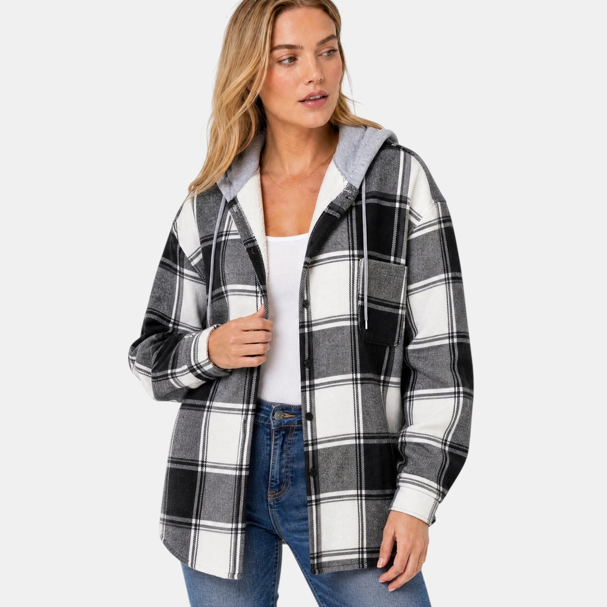 Women's Hooded Shirt Jacket with Button Front and Check Print