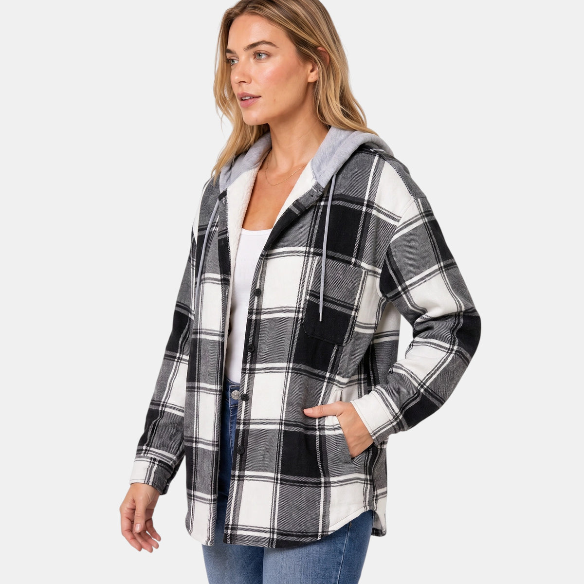 Women's Hooded Shirt Jacket with Button Front and Check Print