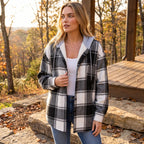 Women's Hooded Shirt Jacket with Button Front and Check Print
