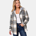 Women's Hooded Shirt Jacket with Button Front and Check Print