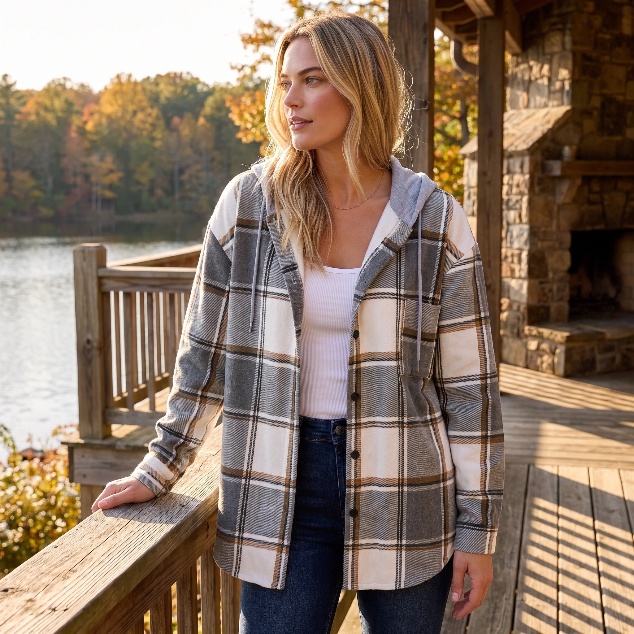 Women's Hooded Shirt Jacket with Button Front and Check Print