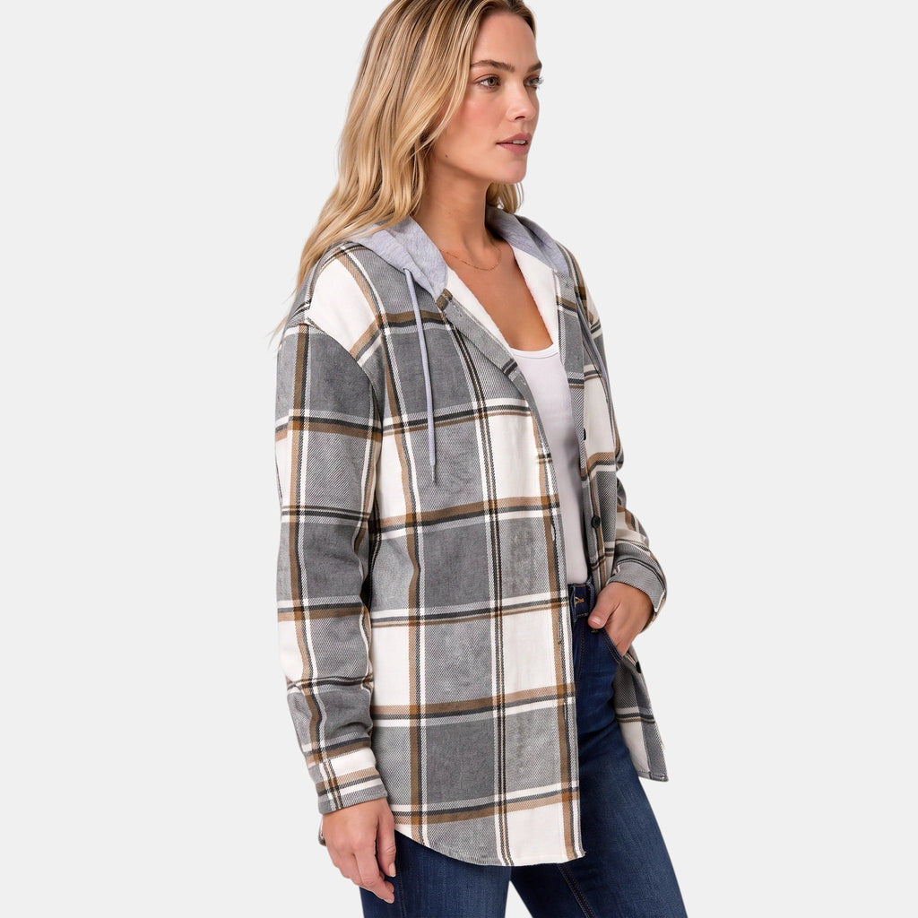 Women's Hooded Shirt Jacket with Button Front and Check Print