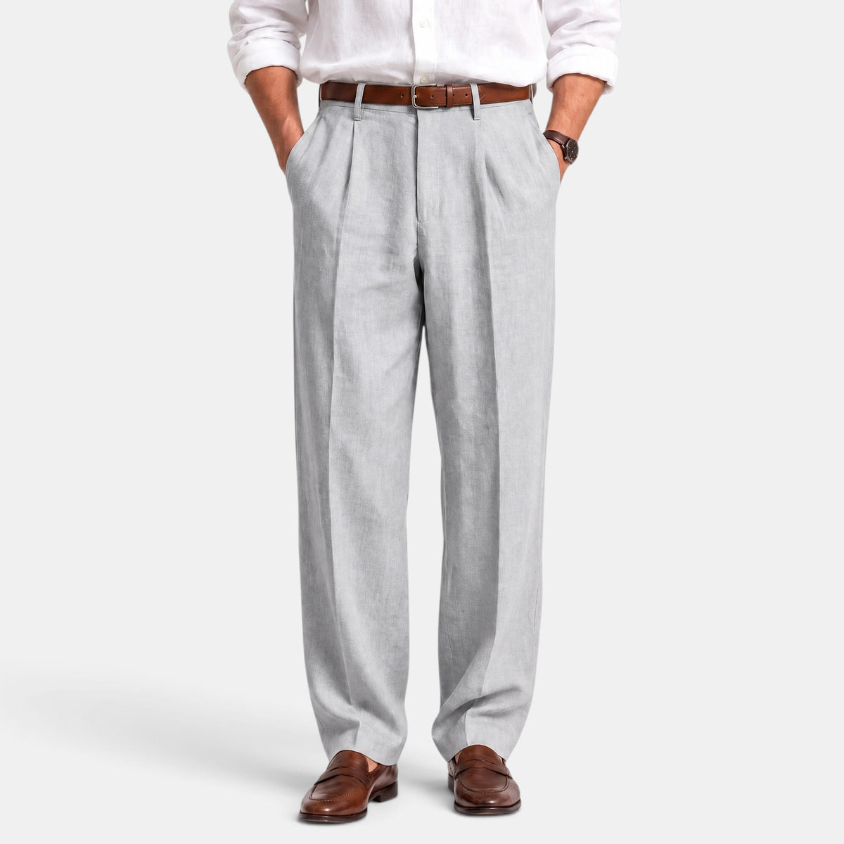 Men's Pleated Trousers with Belt Loops and Side Pockets