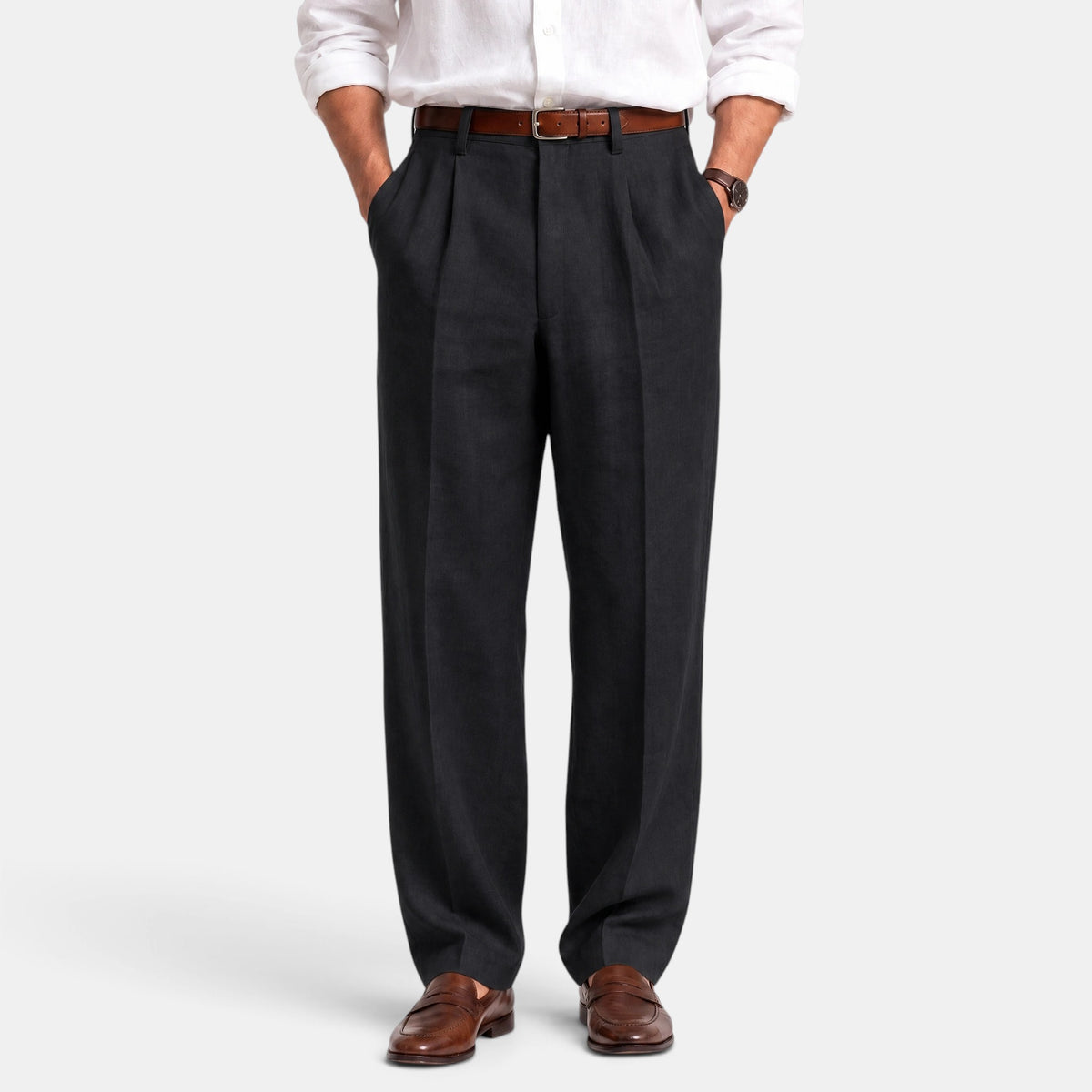 Men's Pleated Trousers with Belt Loops and Side Pockets