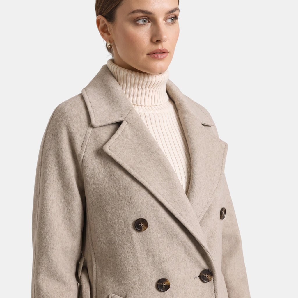 Women's Longline Coat with Double Breasted Button Front and Notch Lapel