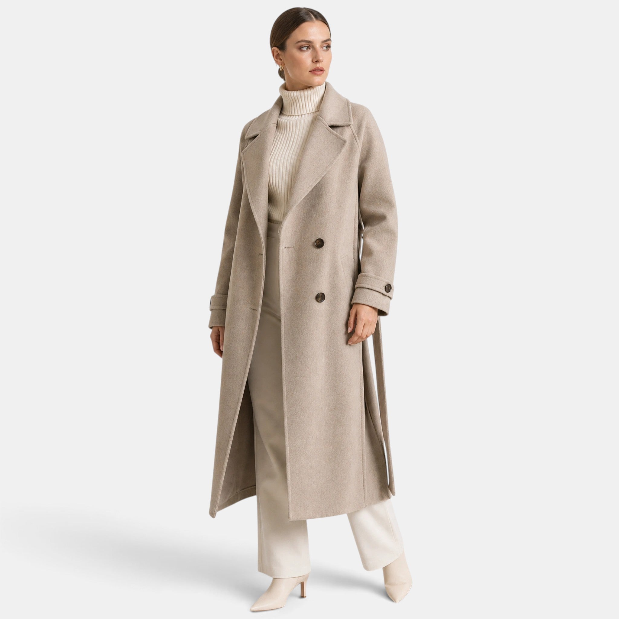 Women's Longline Coat with Double Breasted Button Front and Notch Lapel