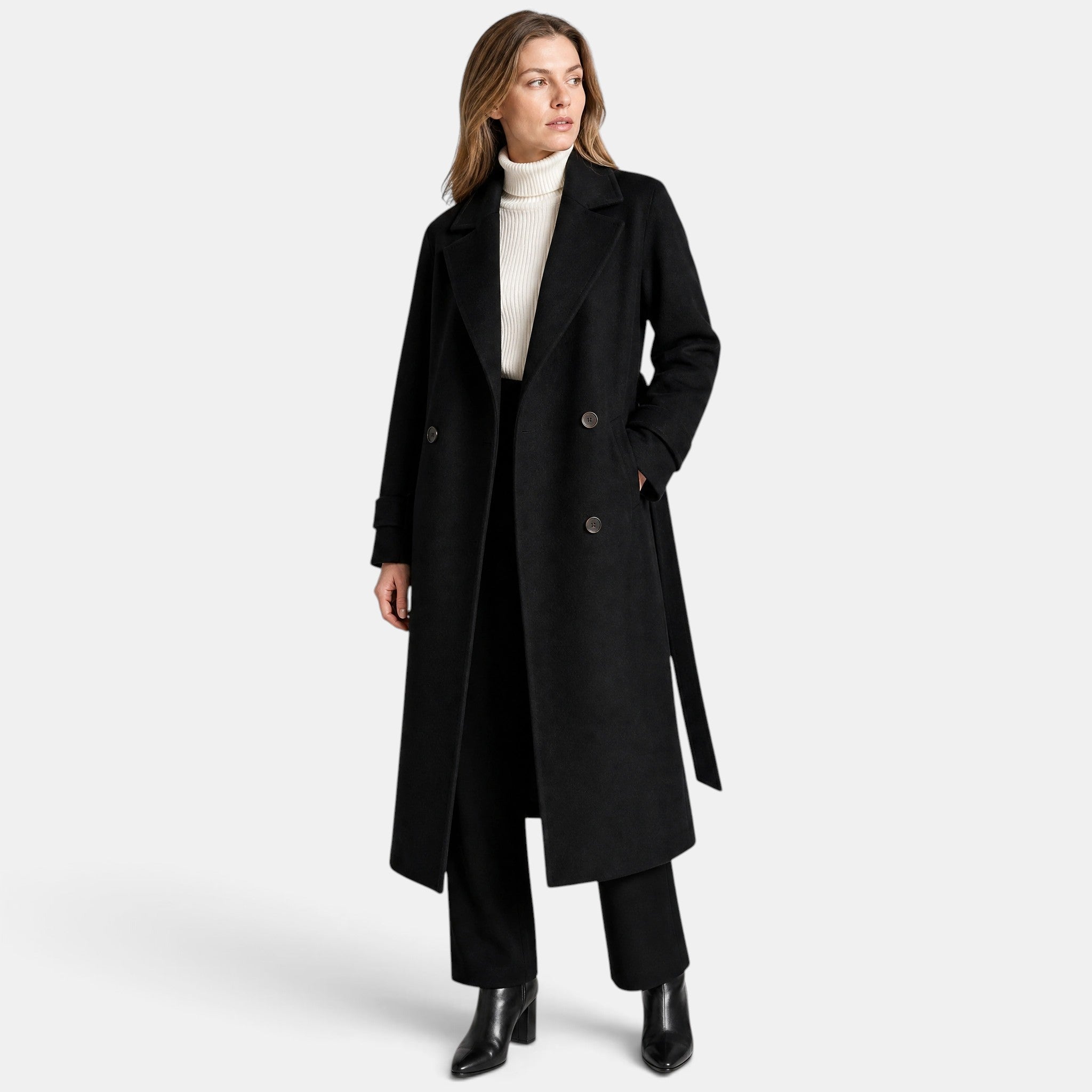 Women's Longline Coat with Double Breasted Button Front and Notch Lapel
