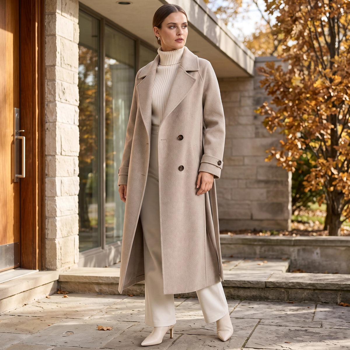 Women's Longline Coat with Double Breasted Button Front and Notch Lapel