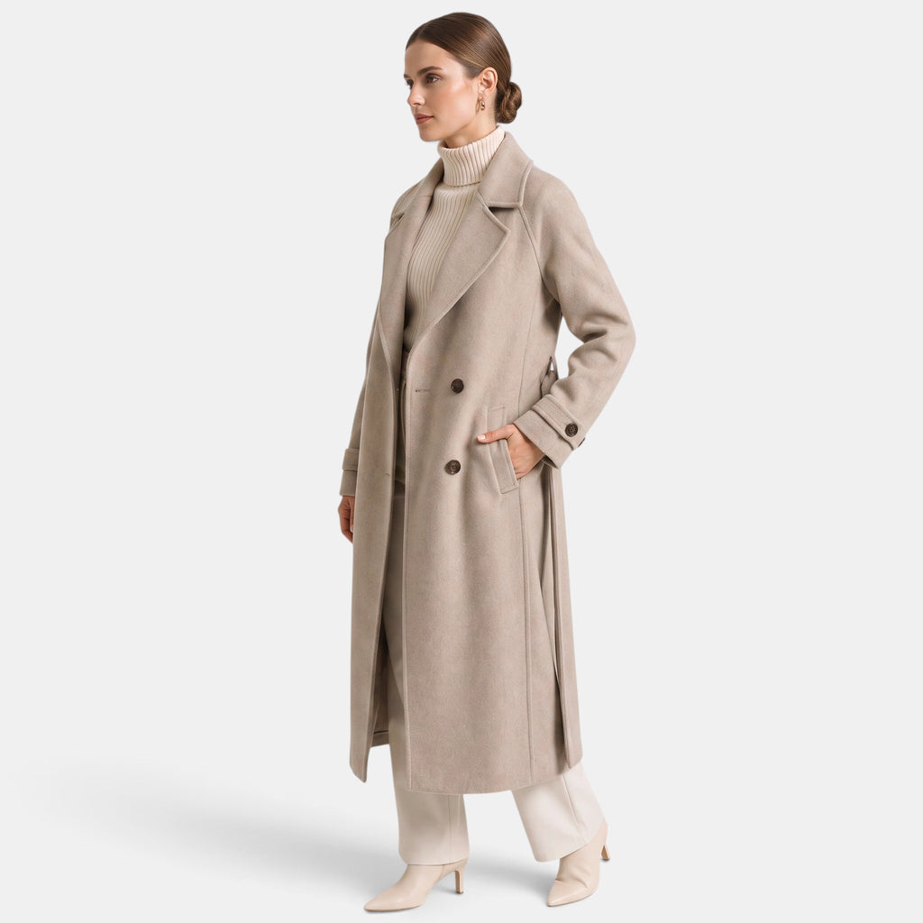Women's Longline Coat with Double Breasted Button Front and Notch Lapel