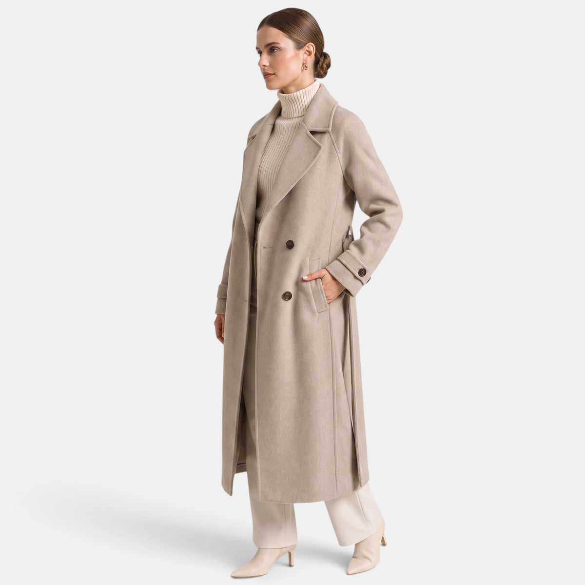 Women's Longline Coat with Double Breasted Button Front and Notch Lapel