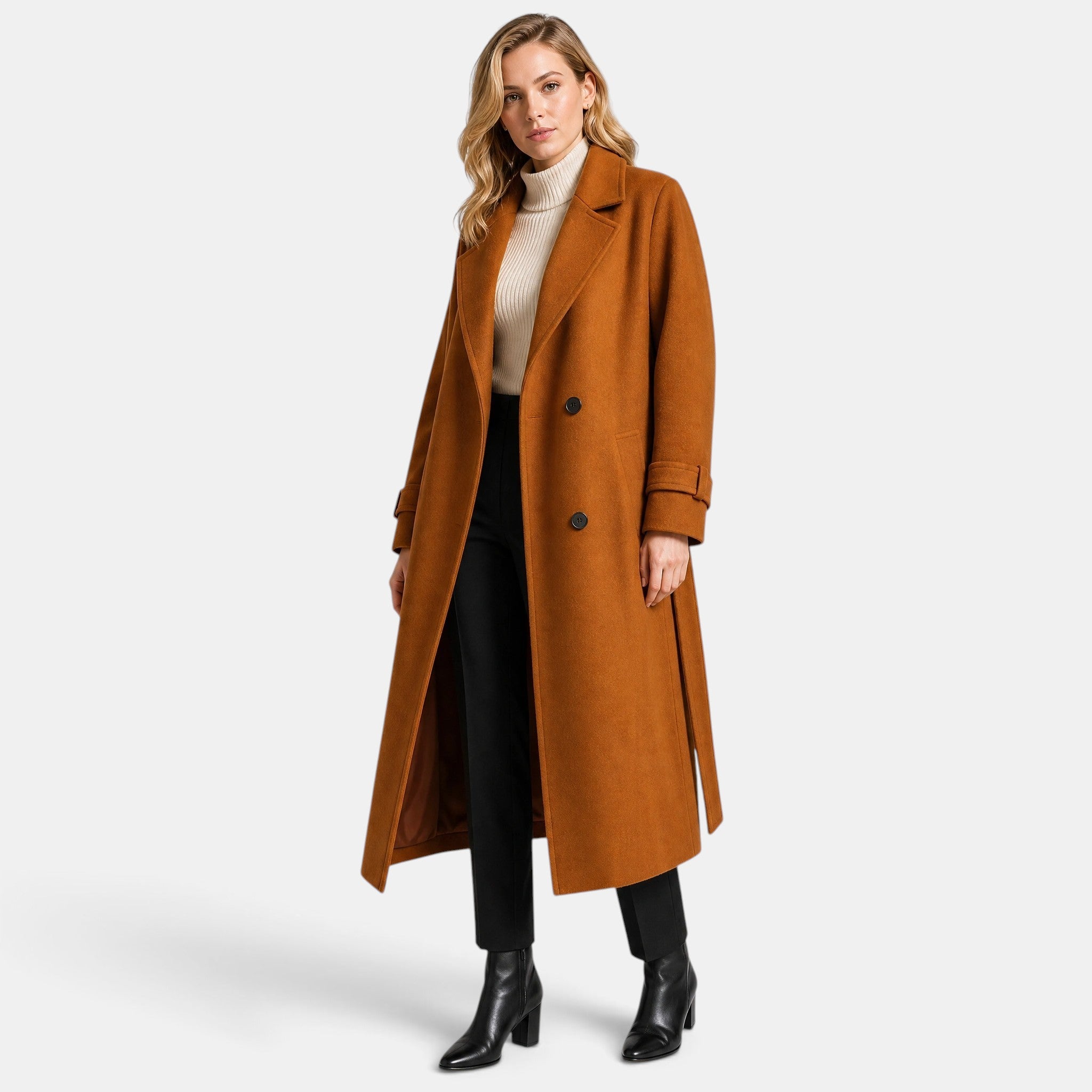 Women's Longline Coat with Double Breasted Button Front and Notch Lapel