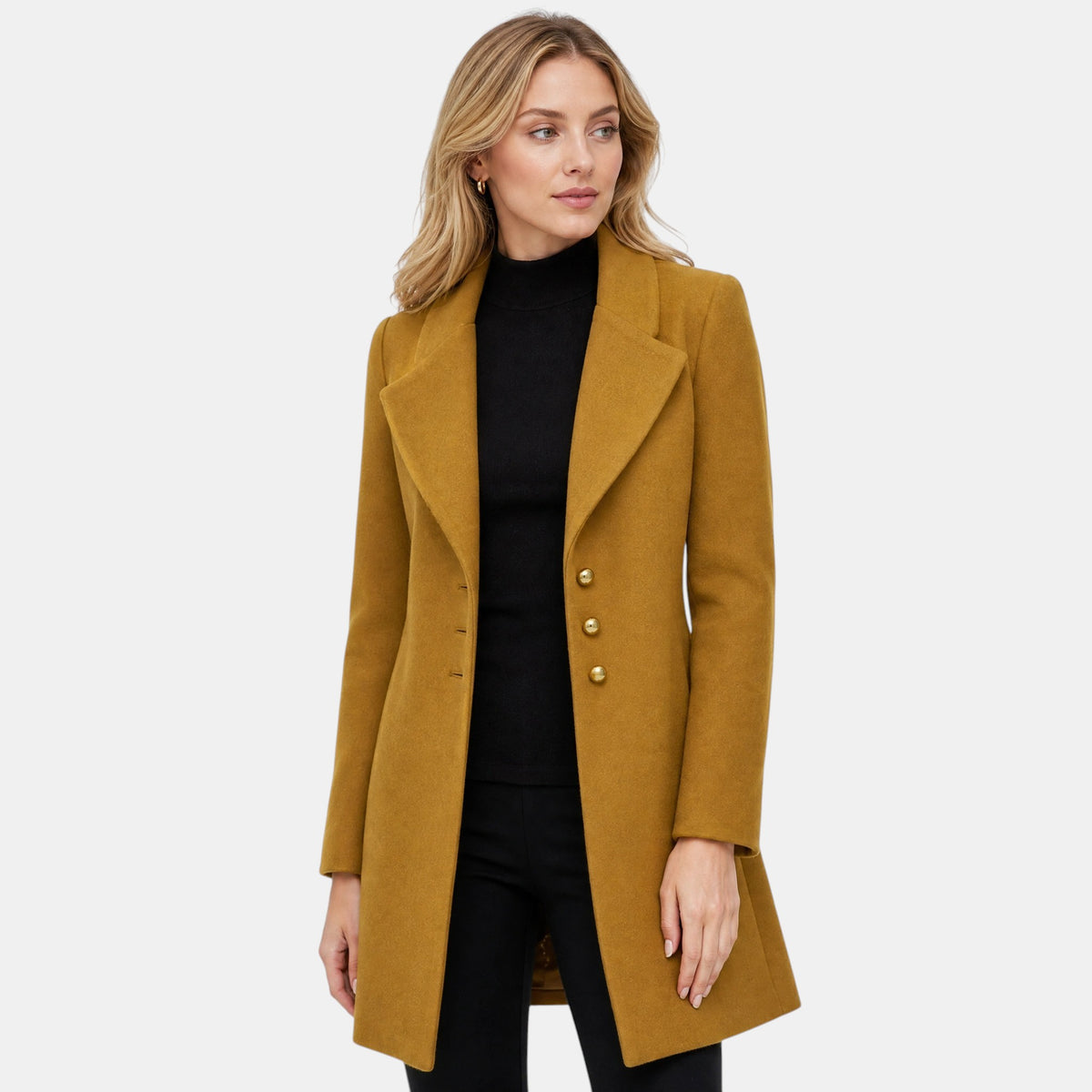 Women's Longline Coat with Notch Lapel and Button Front