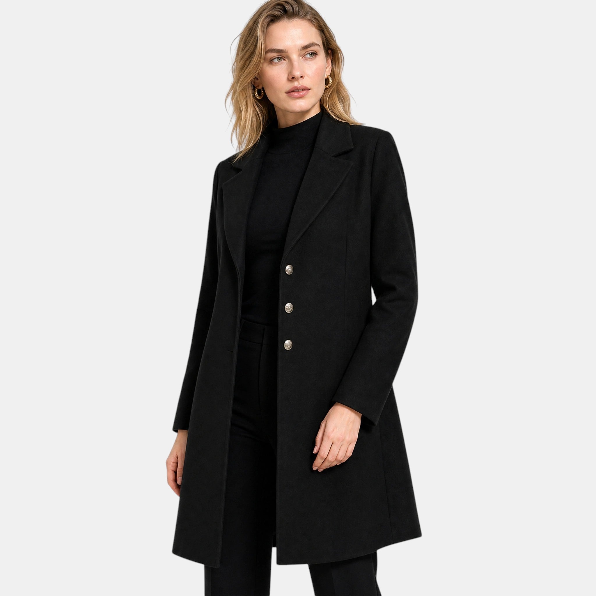 Women's Longline Coat with Notch Lapel and Button Front