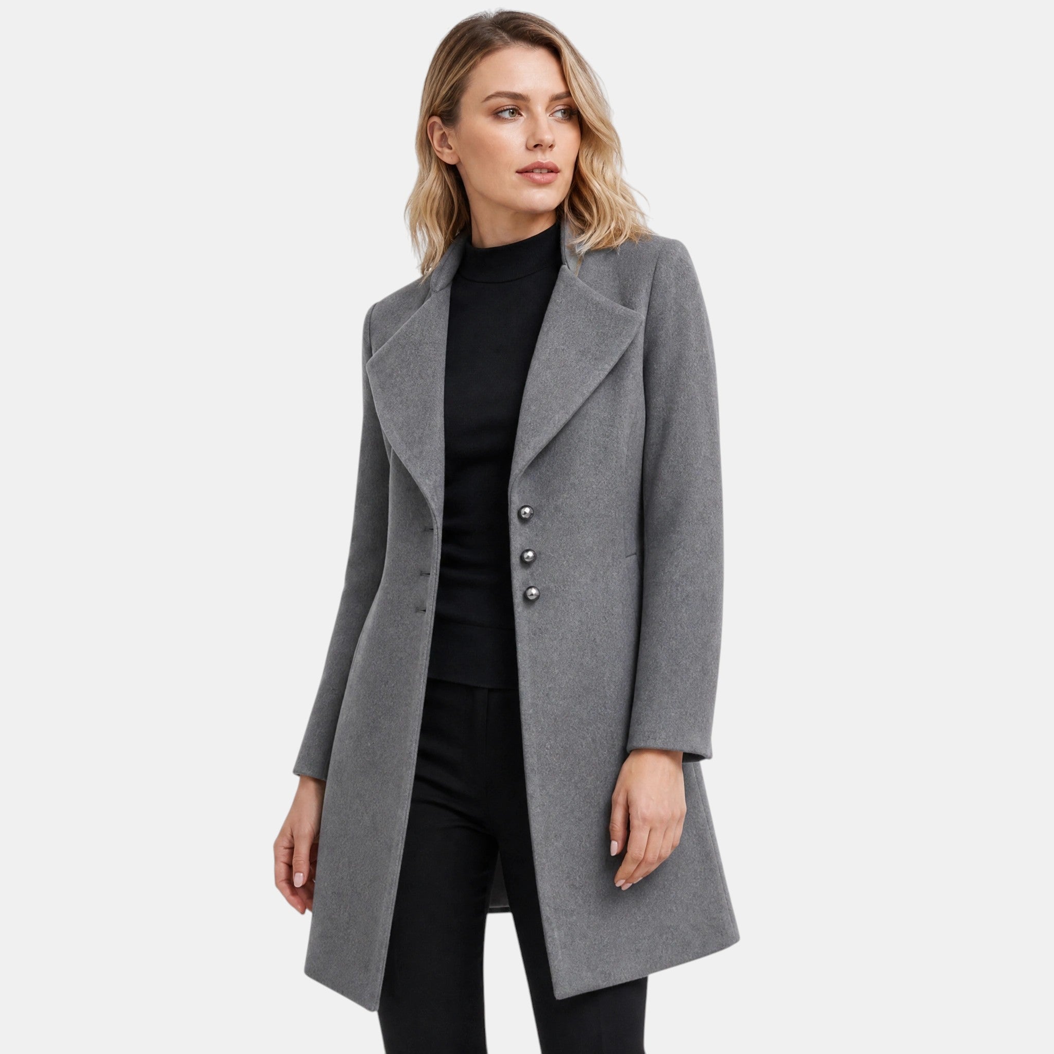 Women's Longline Coat with Notch Lapel and Button Front