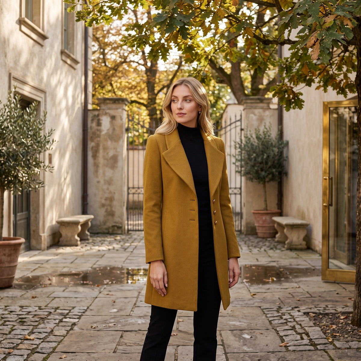 Women's Longline Coat with Notch Lapel and Button Front