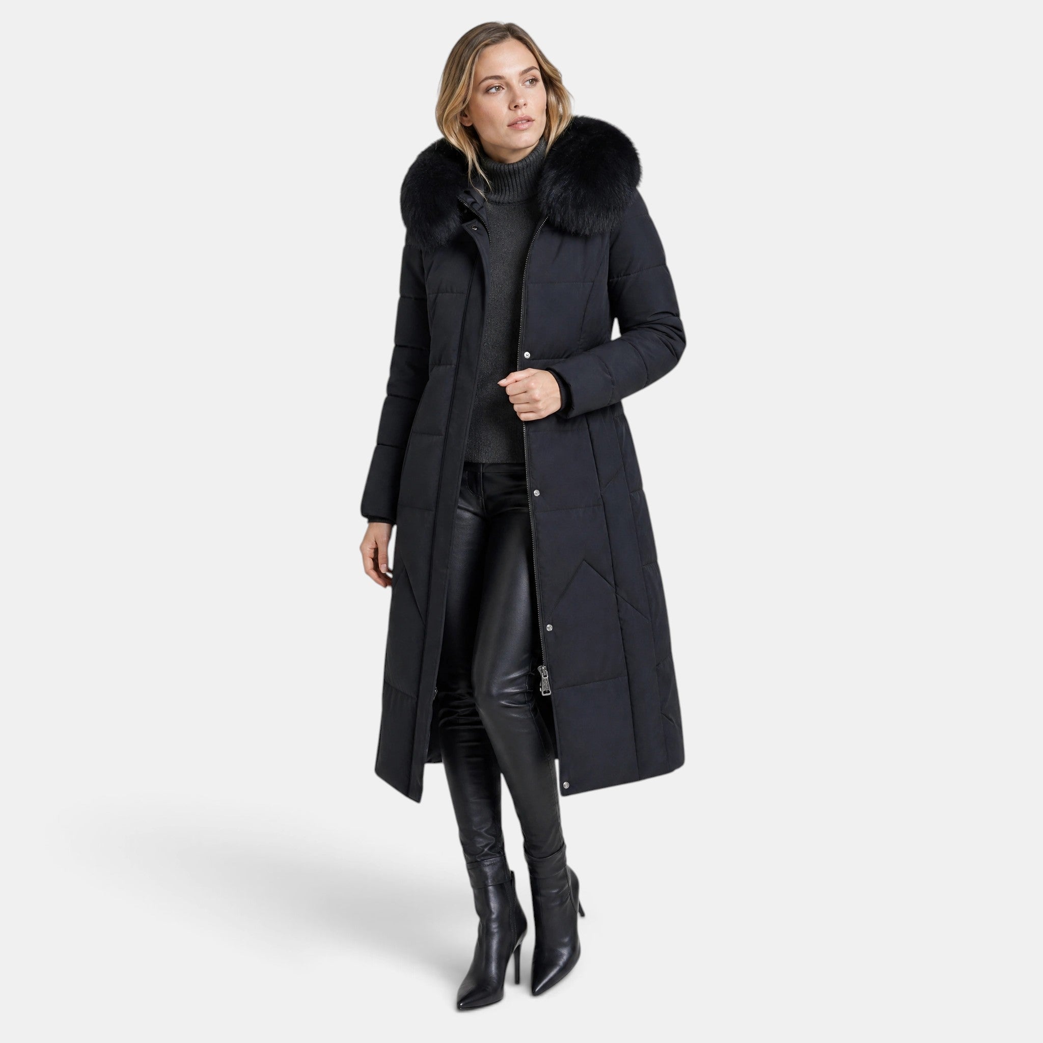 Women's Longline Puffer Coat with Hood and Zip Front