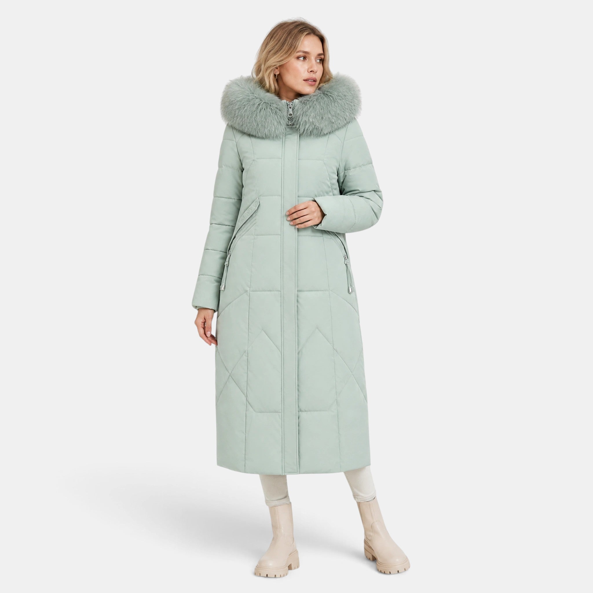 Women's Longline Puffer Coat with Hood and Zip Front