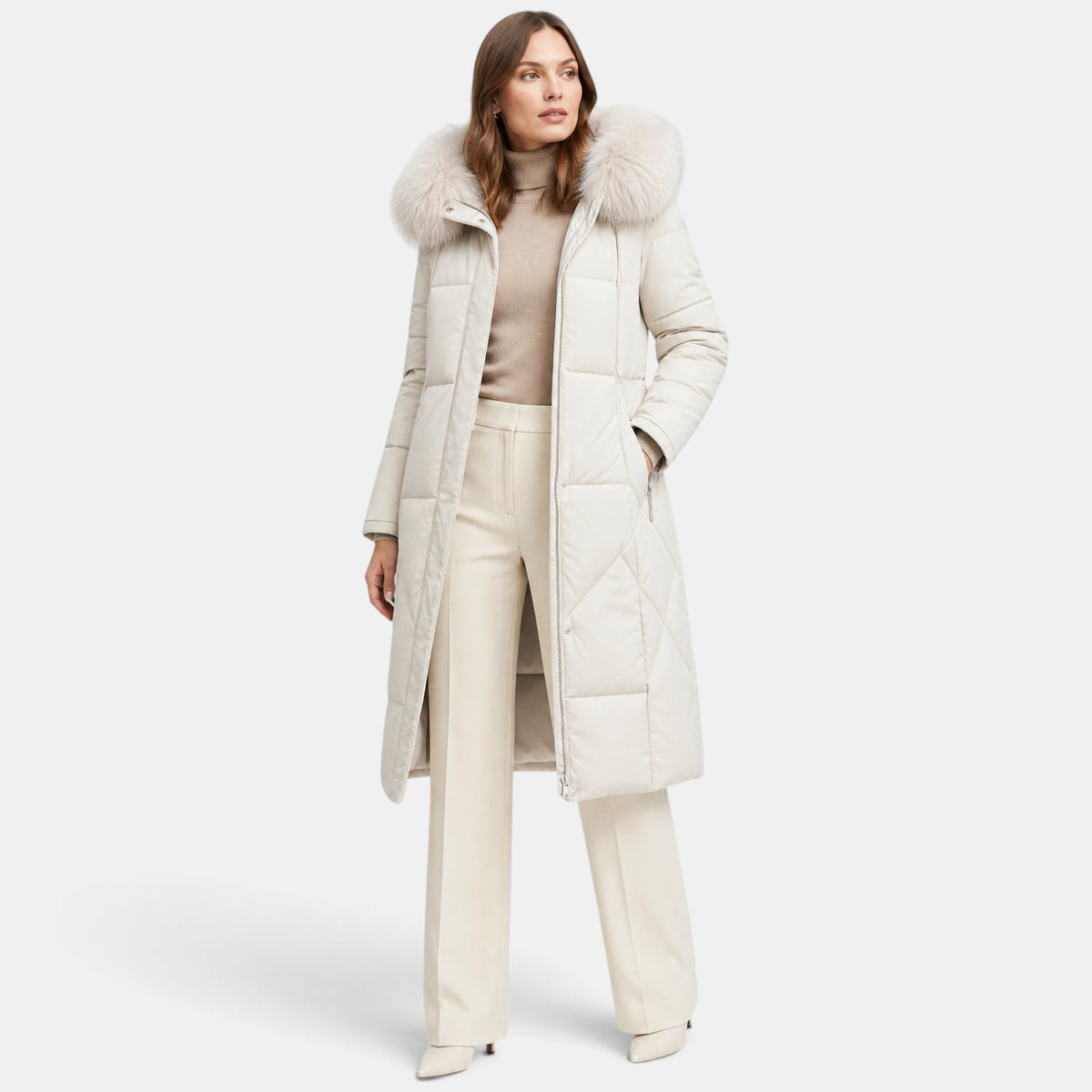 Women's Longline Puffer Coat with Hood and Zip Front