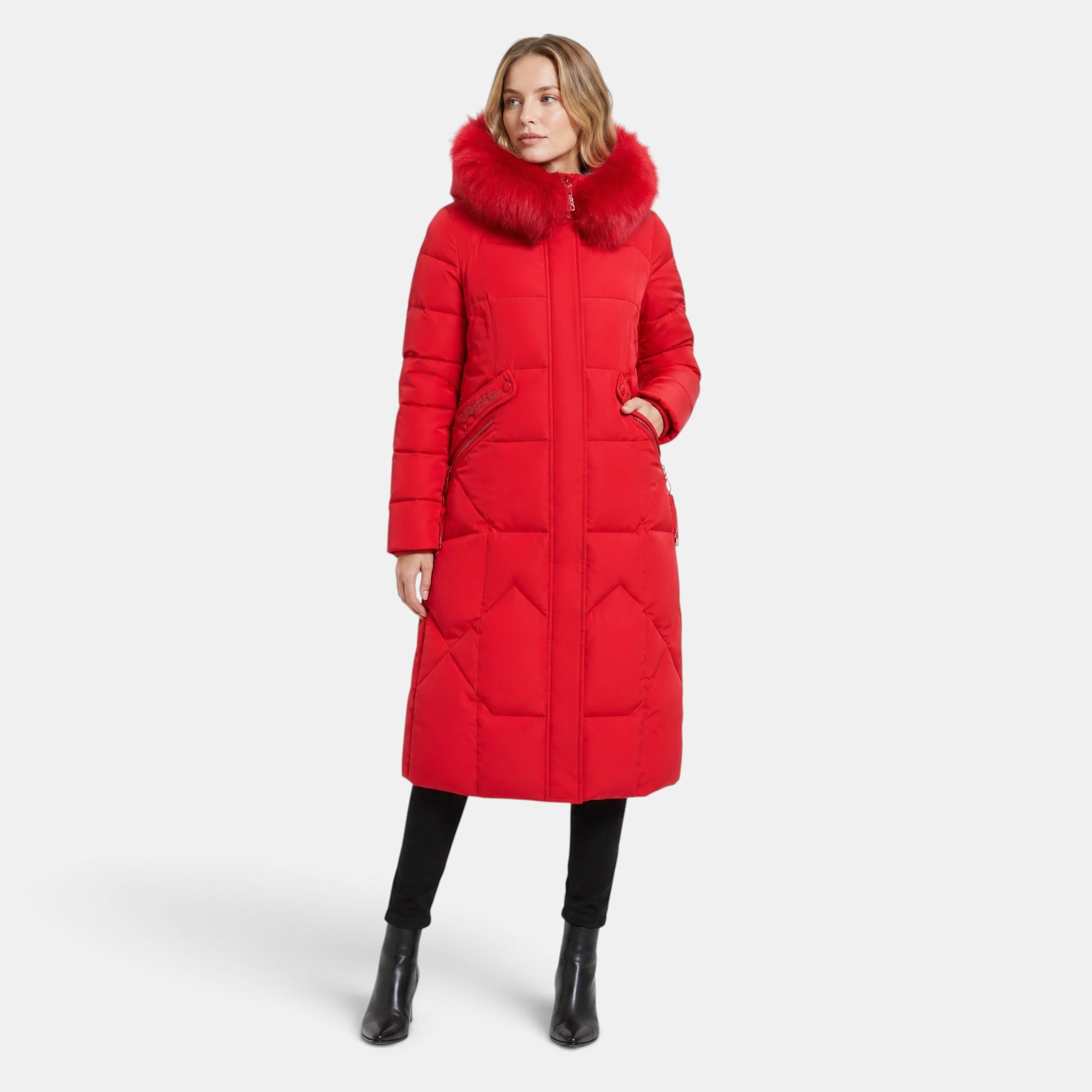 Women's Longline Puffer Coat with Hood and Zip Front